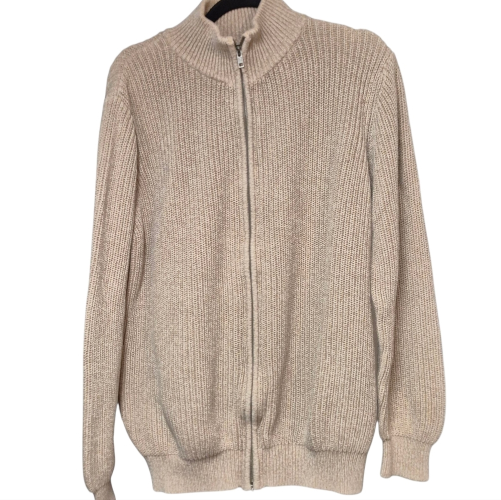 LL Bean Men's Classic Cotton Zip-Up Sweater Cardigan Tan Size Large Unisex